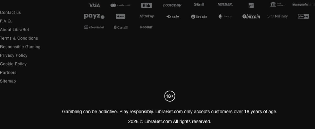 LibraBet Casino website footer showing no licence or regulator information.
